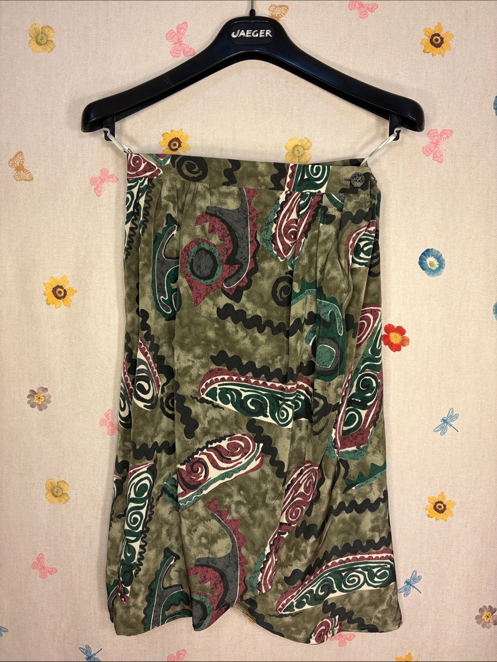 Vintage Jaeger - Printed Olive Wrap Green Midi Skirt with Abstract
